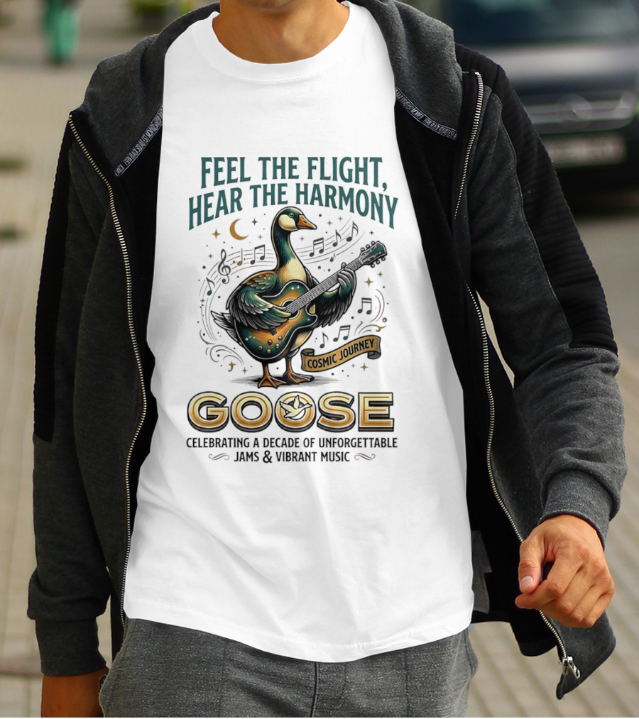 Goose Feel The Flight Hear The Harmony Cosmic Journey Celebrating A Decade Of Unforgettable Jams And Vibrant Music Moon Guitar Notes T-Shirt