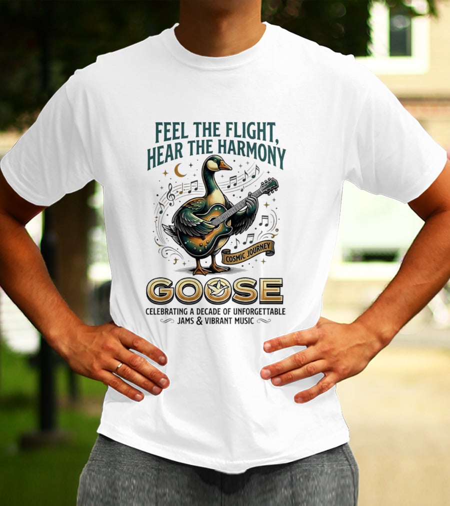 Goose Feel The Flight Hear The Harmony Cosmic Journey Celebrating A Decade Of Unforgettable Jams And Vibrant Music Moon Guitar Notes T-Shirt