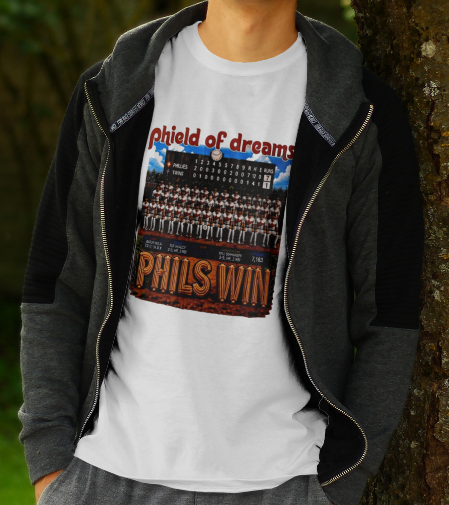 Philadelphia Phillies Phield Of Dreams Phils Win Twins Scoreboard Aaron Nola Tuf Hualcy Kyle Sohnharser 7163 Attendance T-Shirt