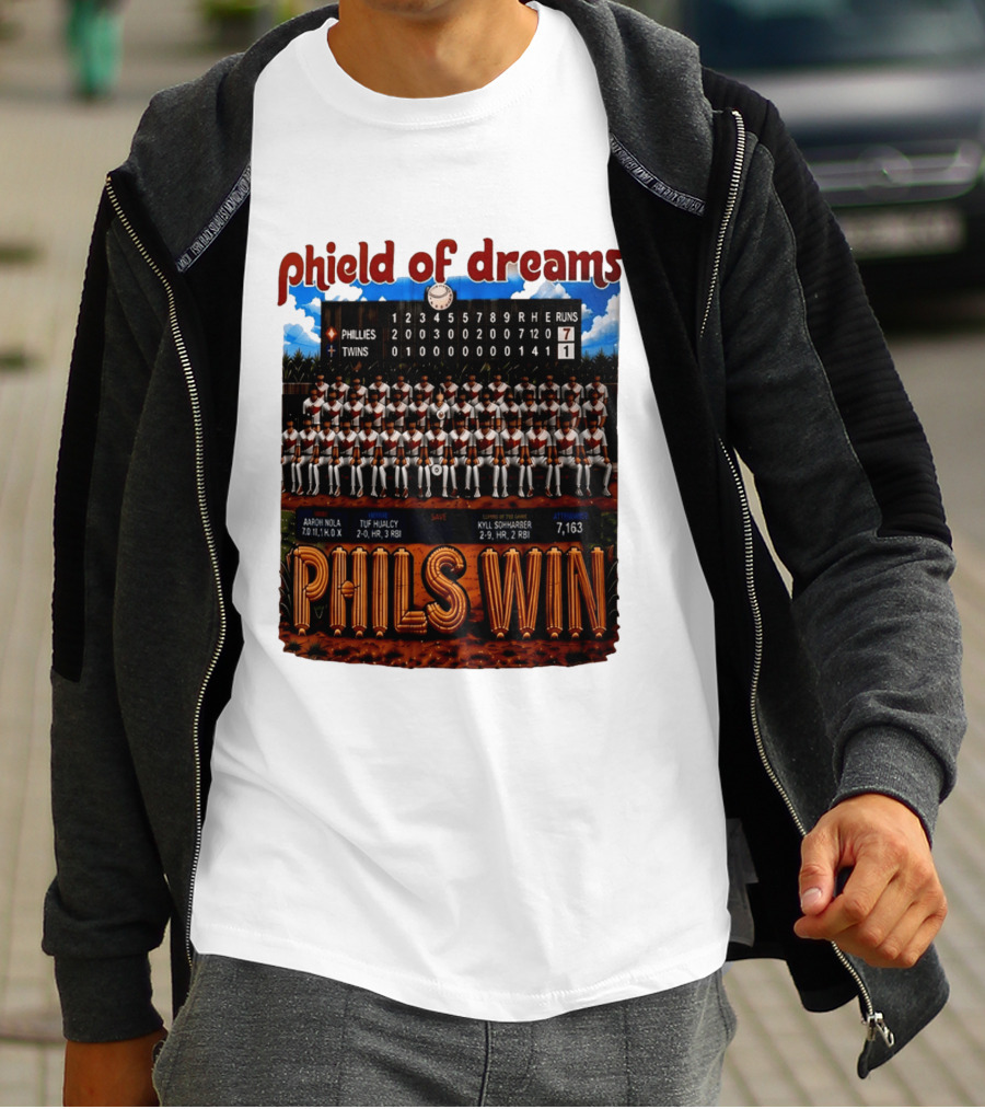 Philadelphia Phillies Phield Of Dreams Phils Win Twins Scoreboard Aaron Nola Tuf Hualcy Kyle Sohnharser 7163 Attendance T-Shirt