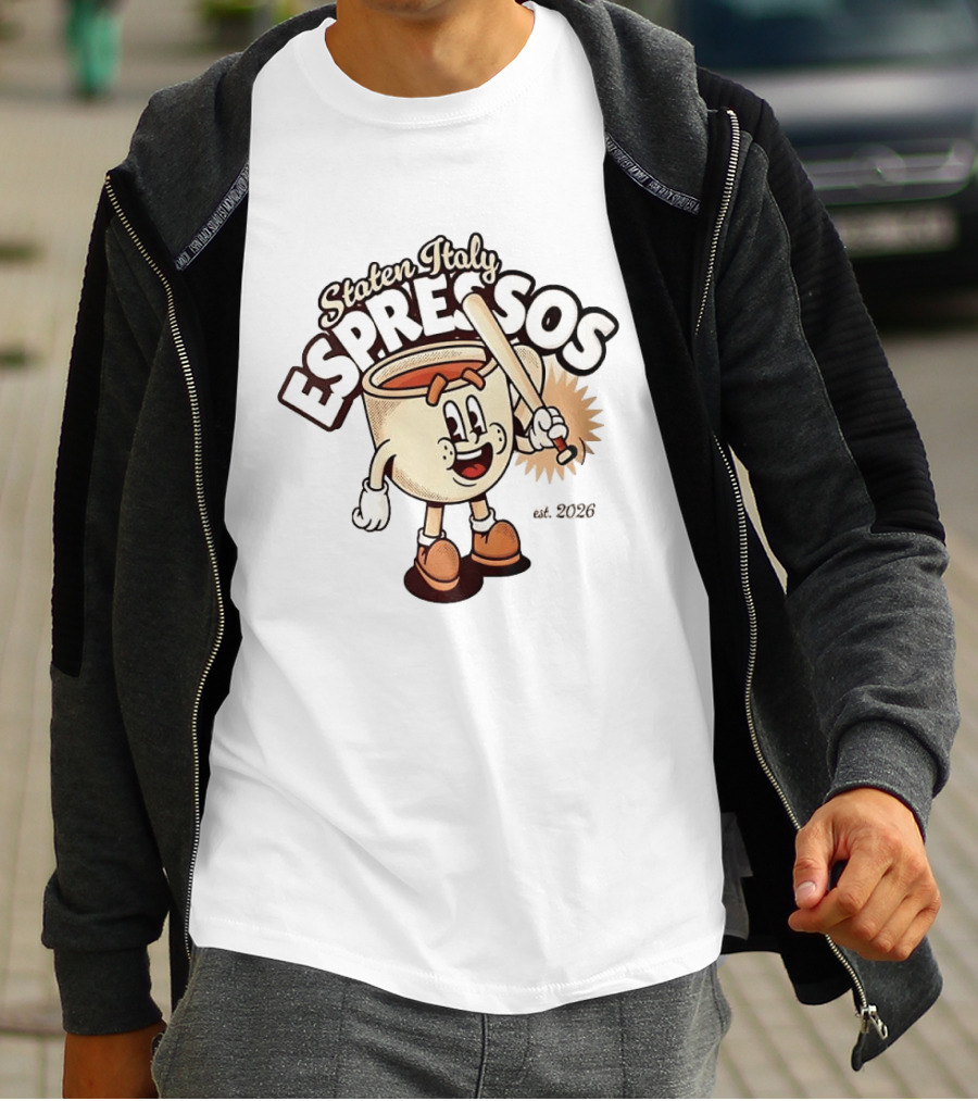 Staten Italy Espressos Est 2026 Cartoon Coffee Cup With Baseball Bat T-Shirt