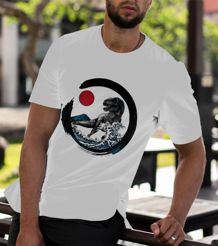 Tyrannosaurus Rex Riding Great Wave With Mount Fuji Enso And Red Sun T-Shirt