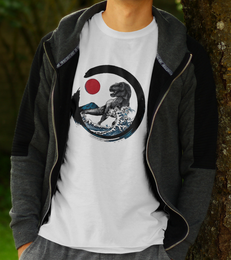 Tyrannosaurus Rex Riding Great Wave With Mount Fuji Enso And Red Sun T-Shirt