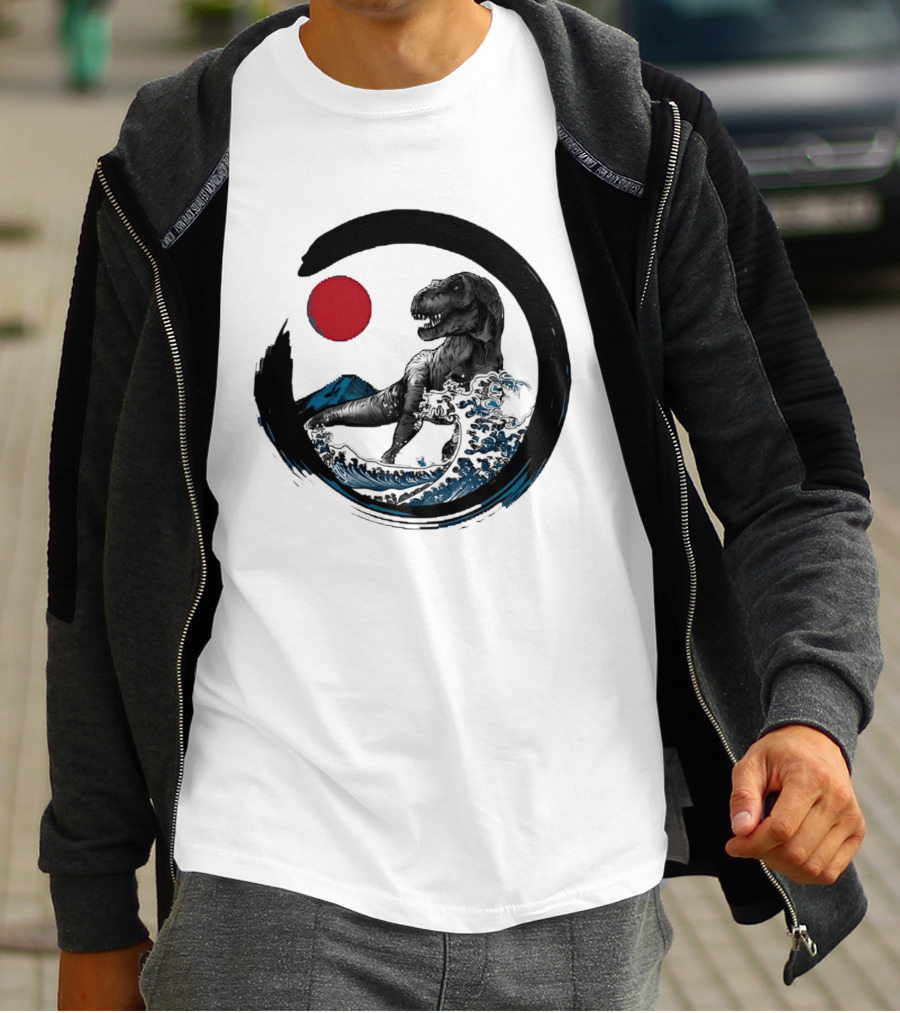 Tyrannosaurus Rex Riding Great Wave With Mount Fuji Enso And Red Sun T-Shirt