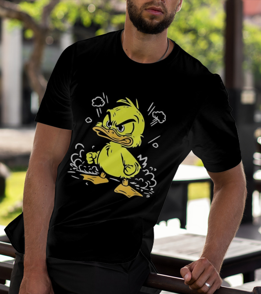 Angry Yellow Duckling Clenched Fists Smoke Clouds Cartoon Line T-Shirt