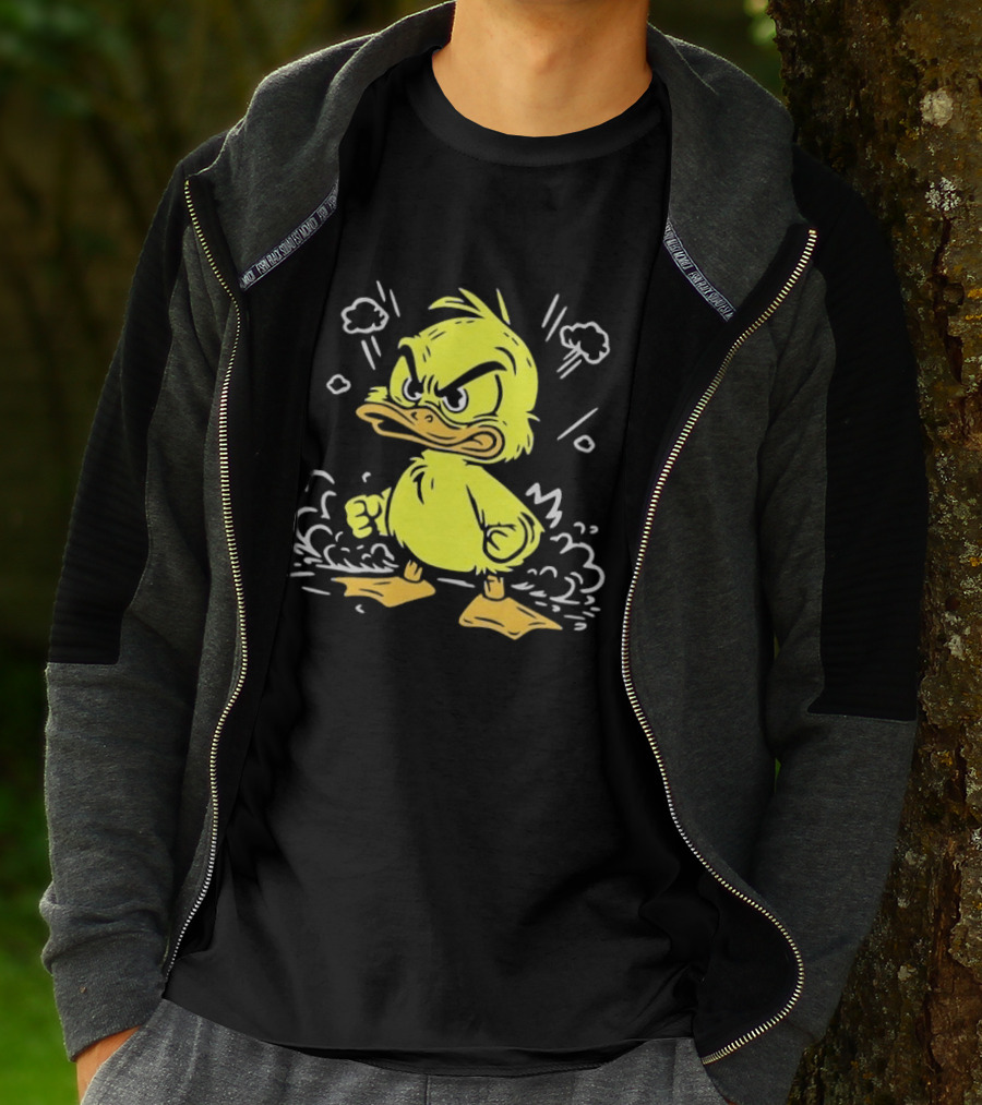 Angry Yellow Duckling Clenched Fists Smoke Clouds Cartoon Line T-Shirt