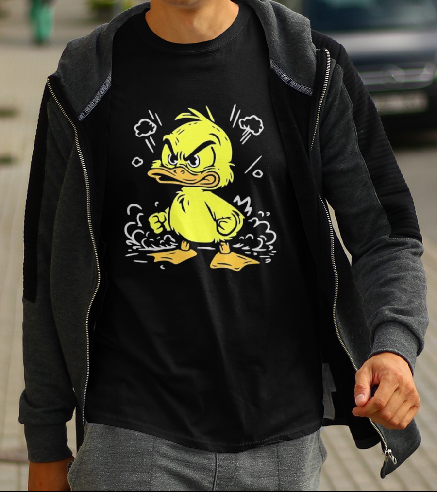 Angry Yellow Duckling Clenched Fists Smoke Clouds Cartoon Line T-Shirt