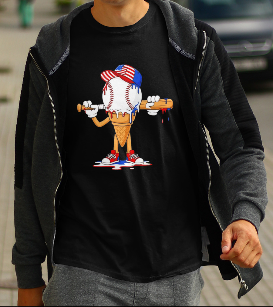 Patriotic Ice Cream Baseball Cone USA Flag Cap And Bat T-Shirt
