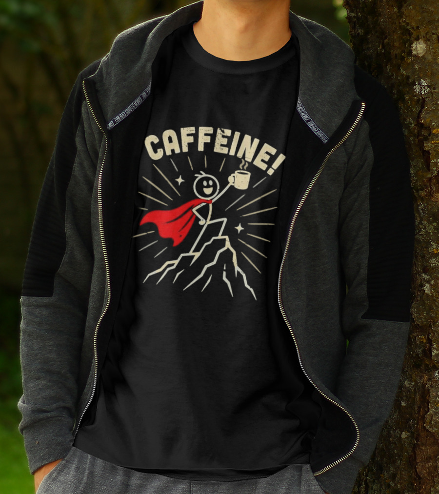 Caffeine Distressed Stick Figure Superhero Holding Coffee On Mountain Peak T-Shirt