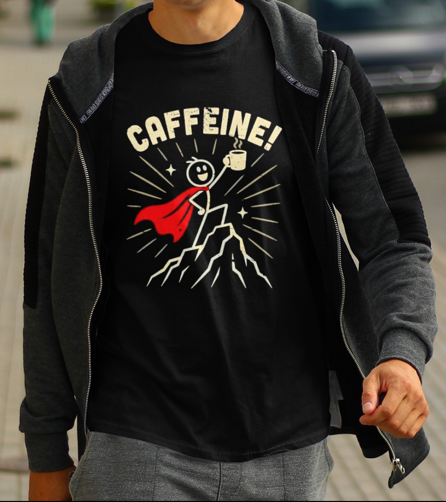 Caffeine Distressed Stick Figure Superhero Holding Coffee On Mountain Peak T-Shirt