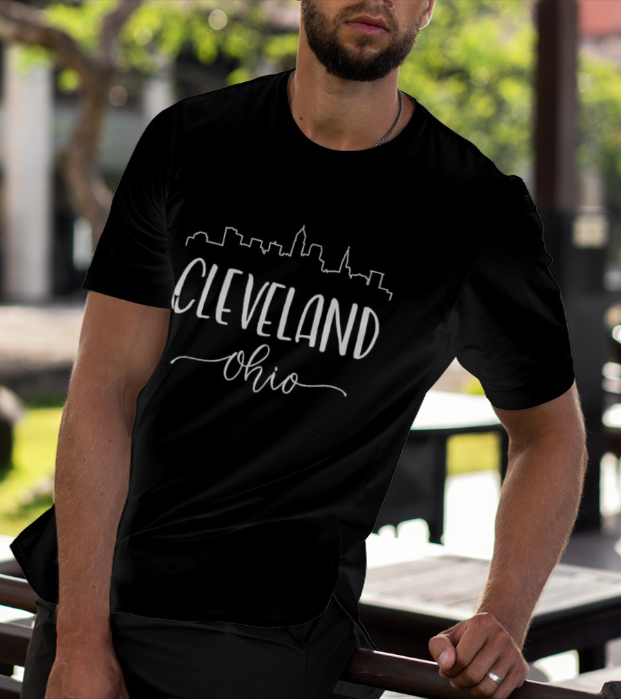 Cleveland Ohio Skyline Buildings White Script T-Shirt
