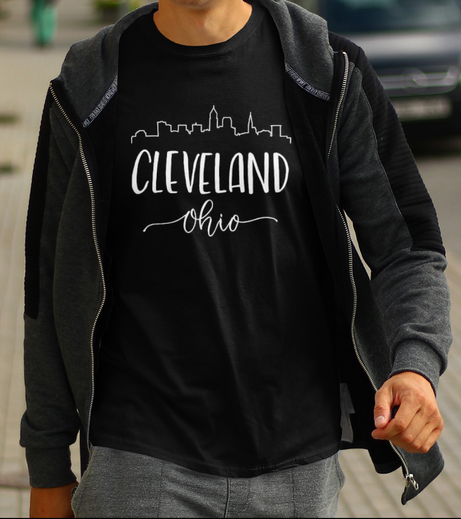 Cleveland Ohio Skyline Buildings White Script T-Shirt