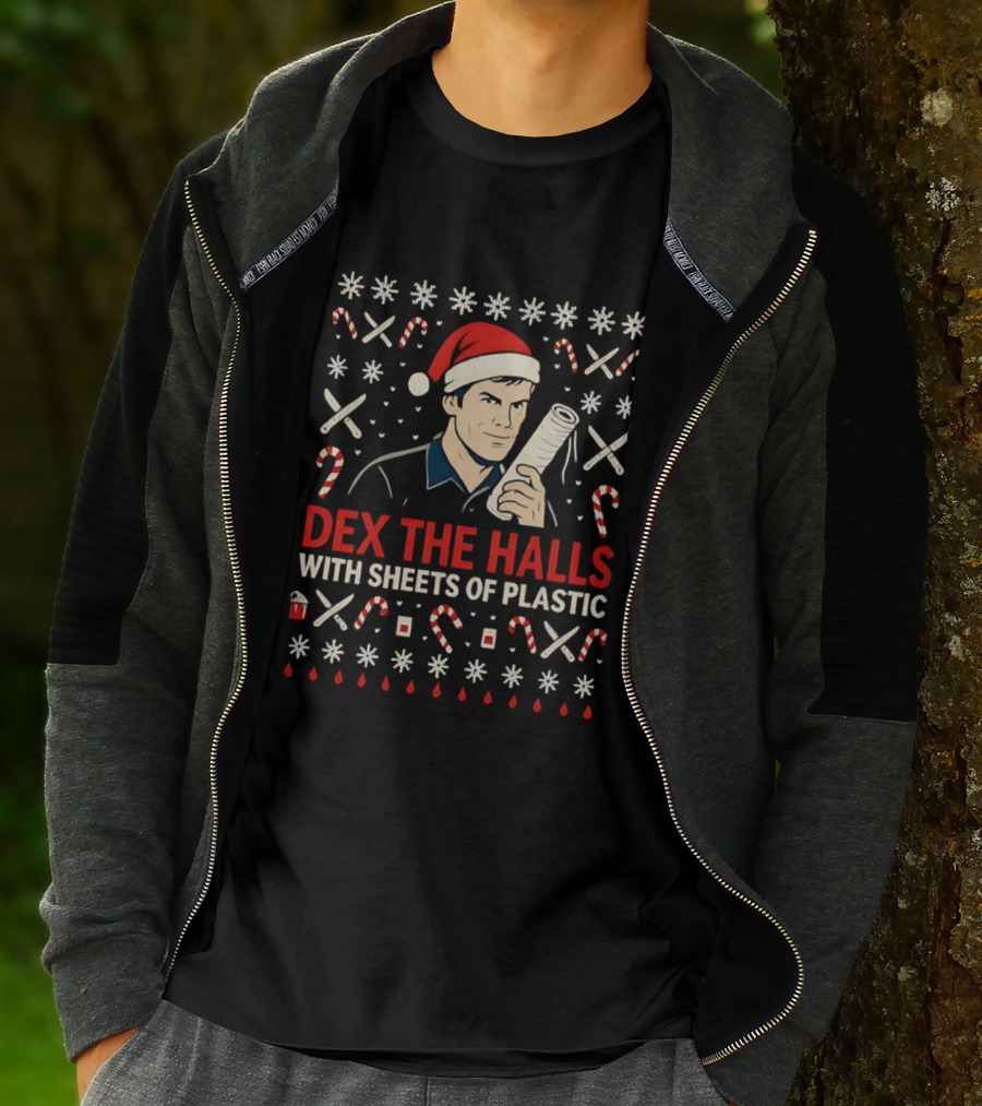 Dex The Halls With Sheets Of Plastic Santa Hat Candy Canes Holiday T-Shirt