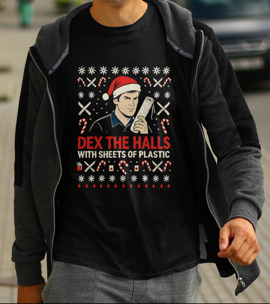 Dex The Halls With Sheets Of Plastic Santa Hat Candy Canes Holiday T-Shirt