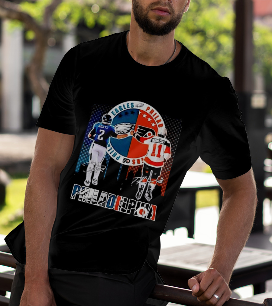 Philadelphia Eagles Flyers Hurts Konecny Fist Bump Split Crest Skyline T-Shirt