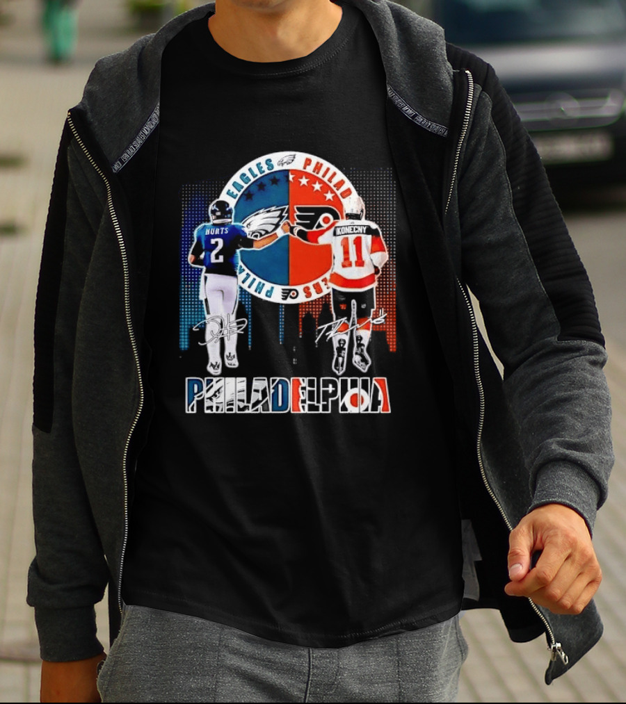 Philadelphia Eagles Flyers Hurts Konecny Fist Bump Split Crest Skyline T-Shirt