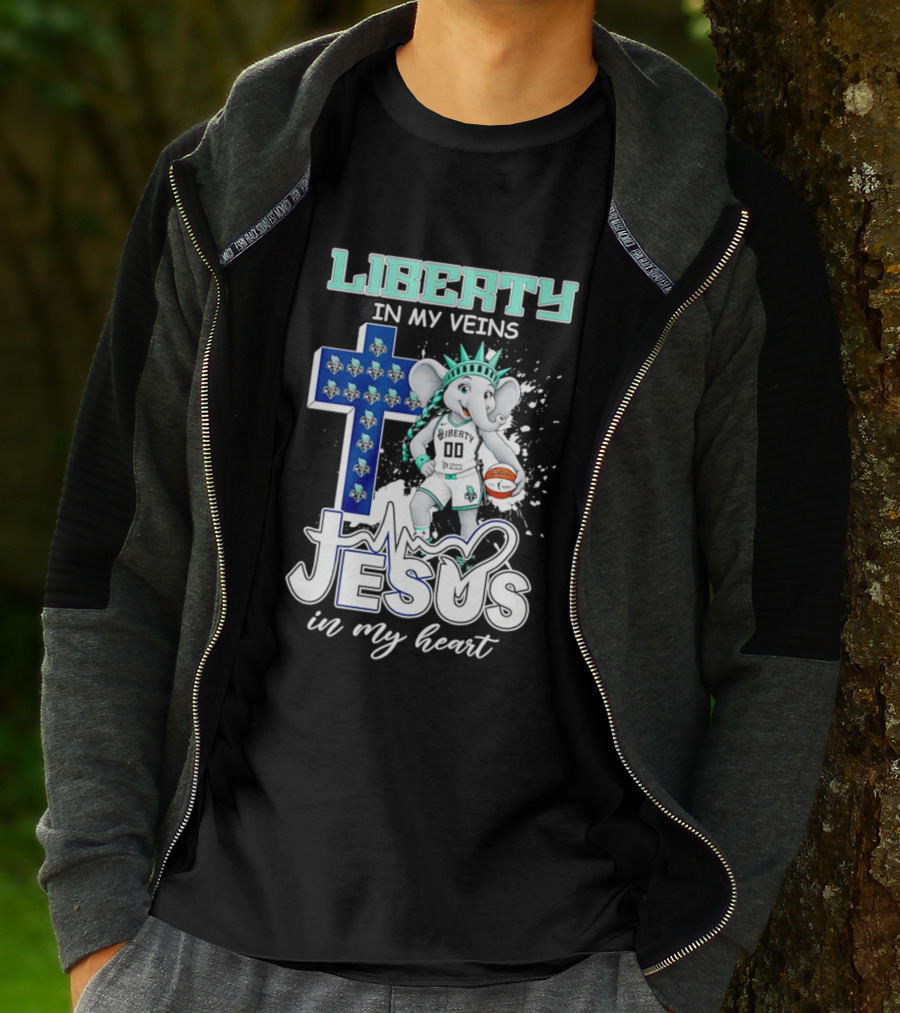 Liberty In My Veins Jesus In My Heart New York Liberty Elephant Basketball Cross T-Shirt
