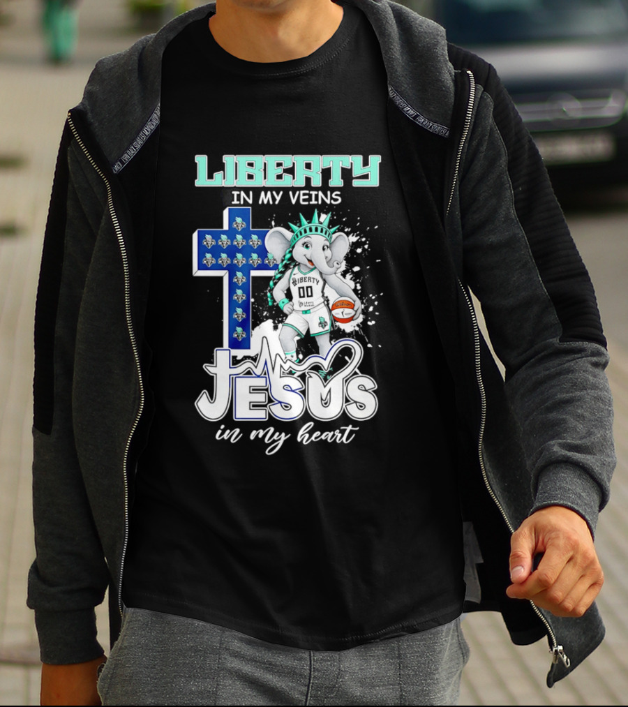 Liberty In My Veins Jesus In My Heart New York Liberty Elephant Basketball Cross T-Shirt