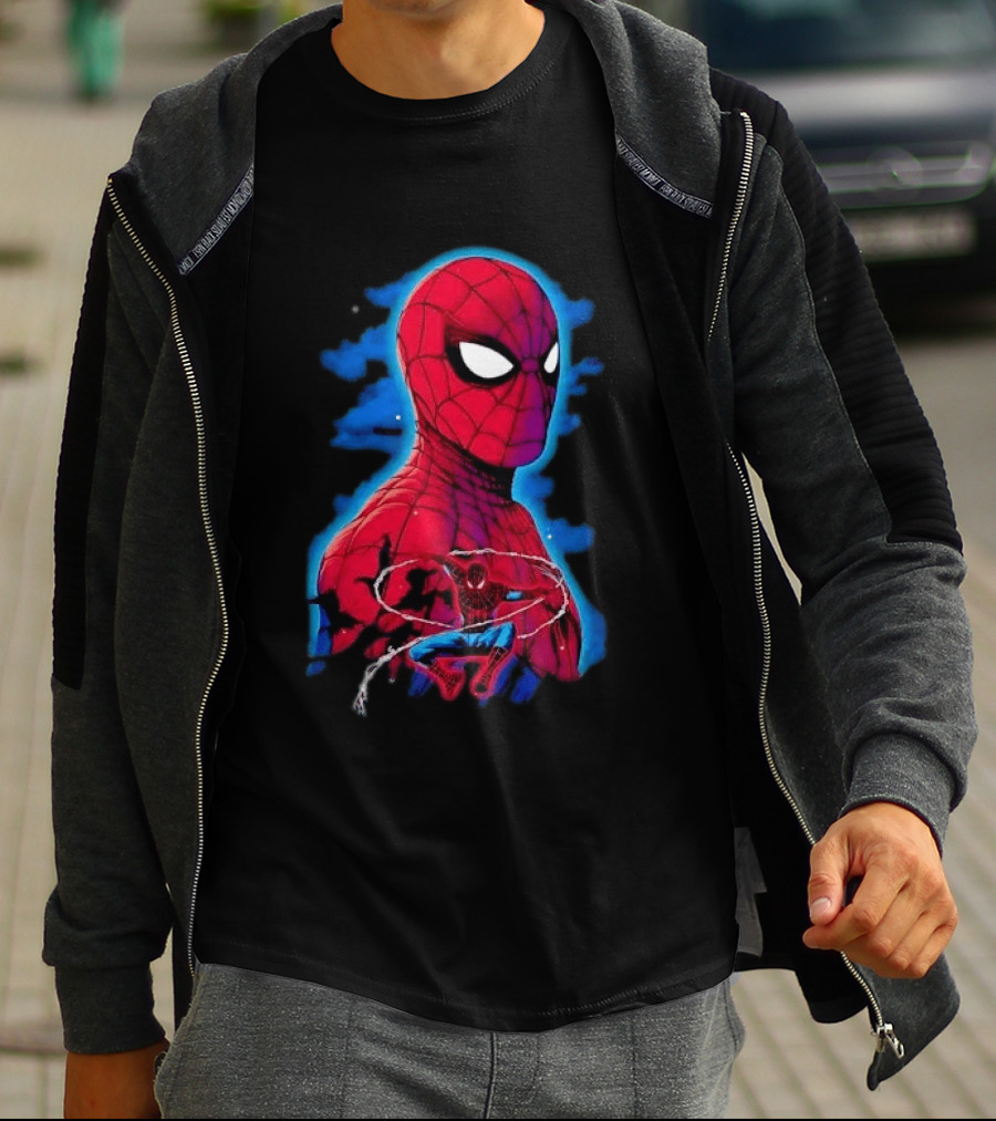 Marvel Spider Man Bust Crouching Web Action Silhouette Clouds T-Shirt