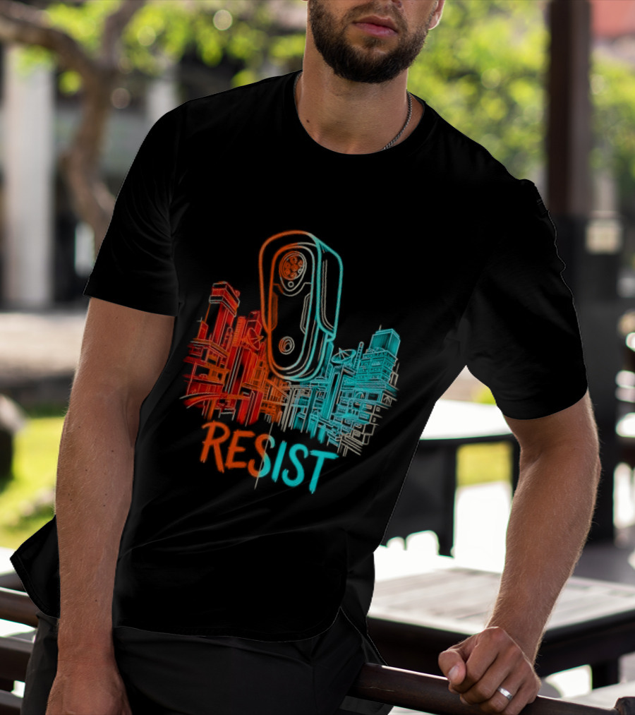 Resist Surveillance Neon City Skyline Security Camera T-Shirt