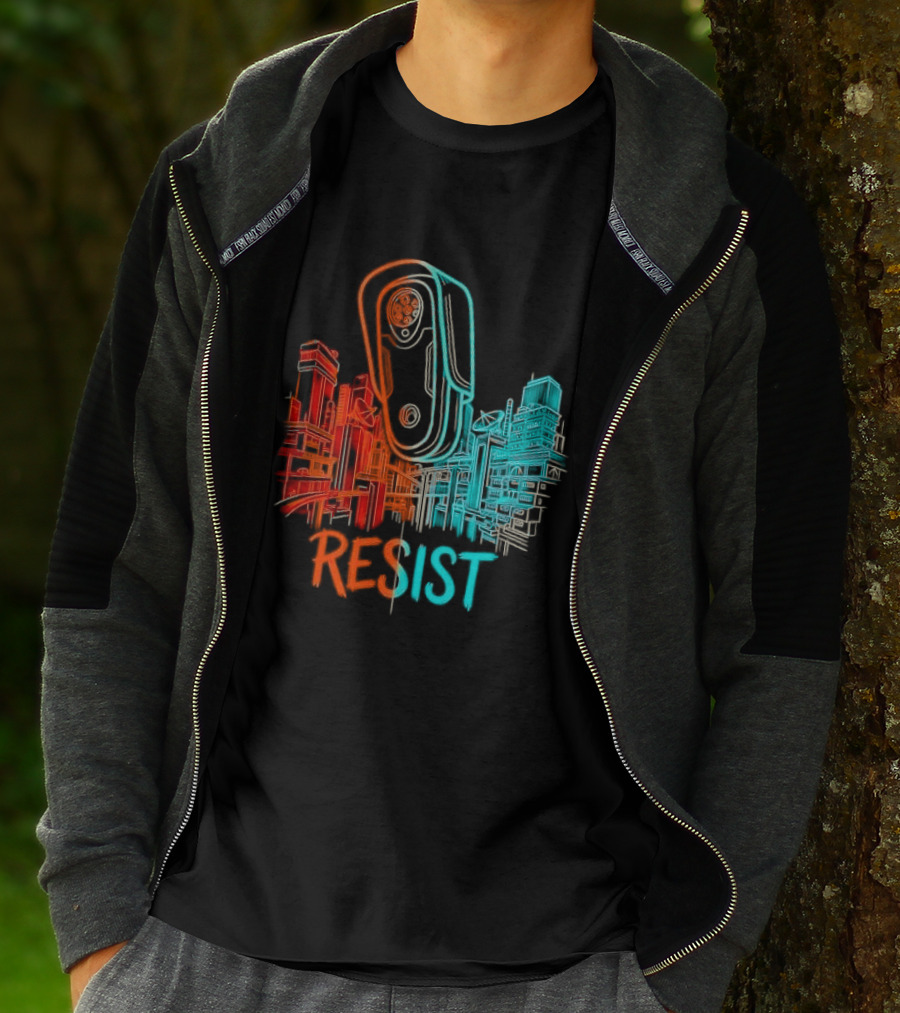 Resist Surveillance Neon City Skyline Security Camera T-Shirt
