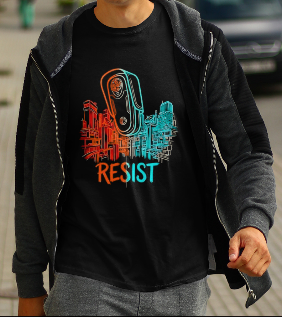 Resist Surveillance Neon City Skyline Security Camera T-Shirt