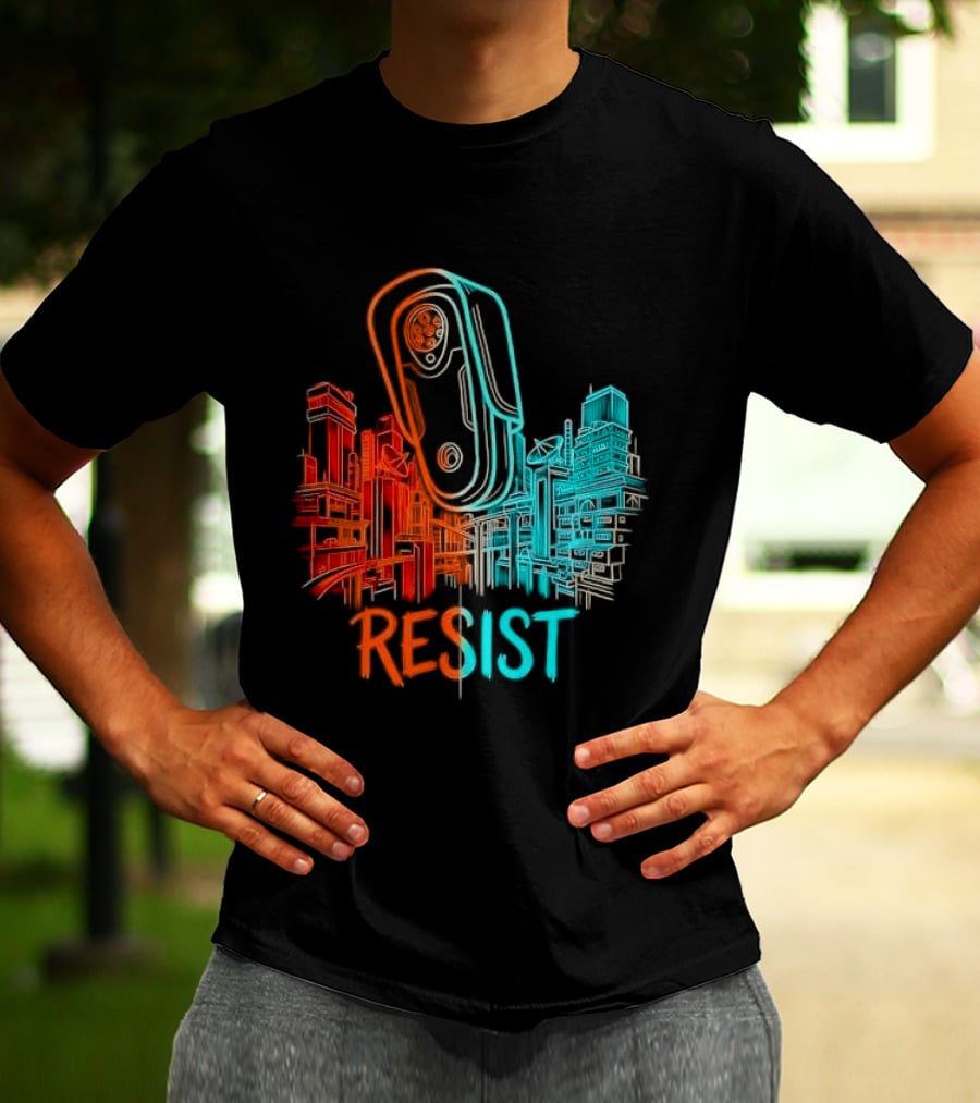 Resist Surveillance Neon City Skyline Security Camera T-Shirt
