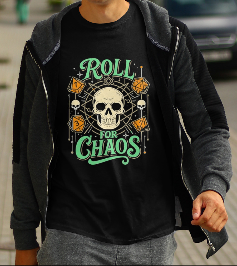 Roll For Chaos Skull RPG Dice Geometric Polyhedral Line T-Shirt