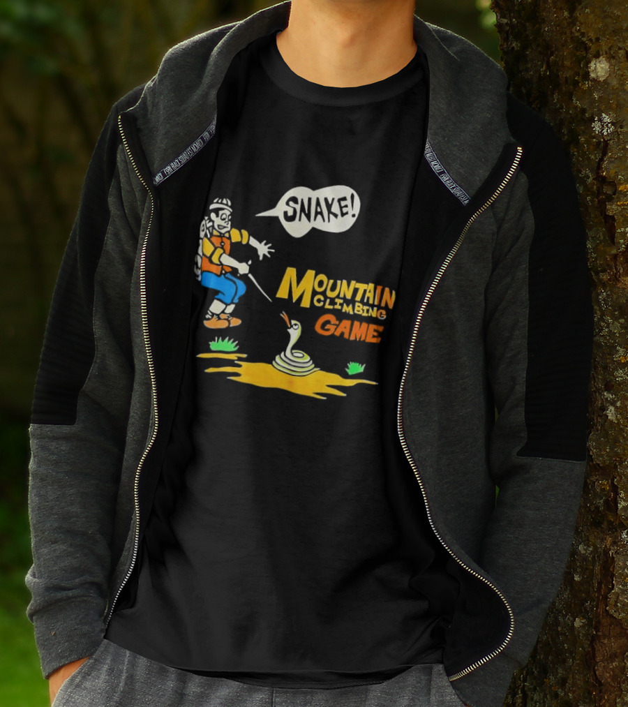 Snake Mountain Climbing Game Startled Climber Coiled Serpent Cartoon T-Shirt