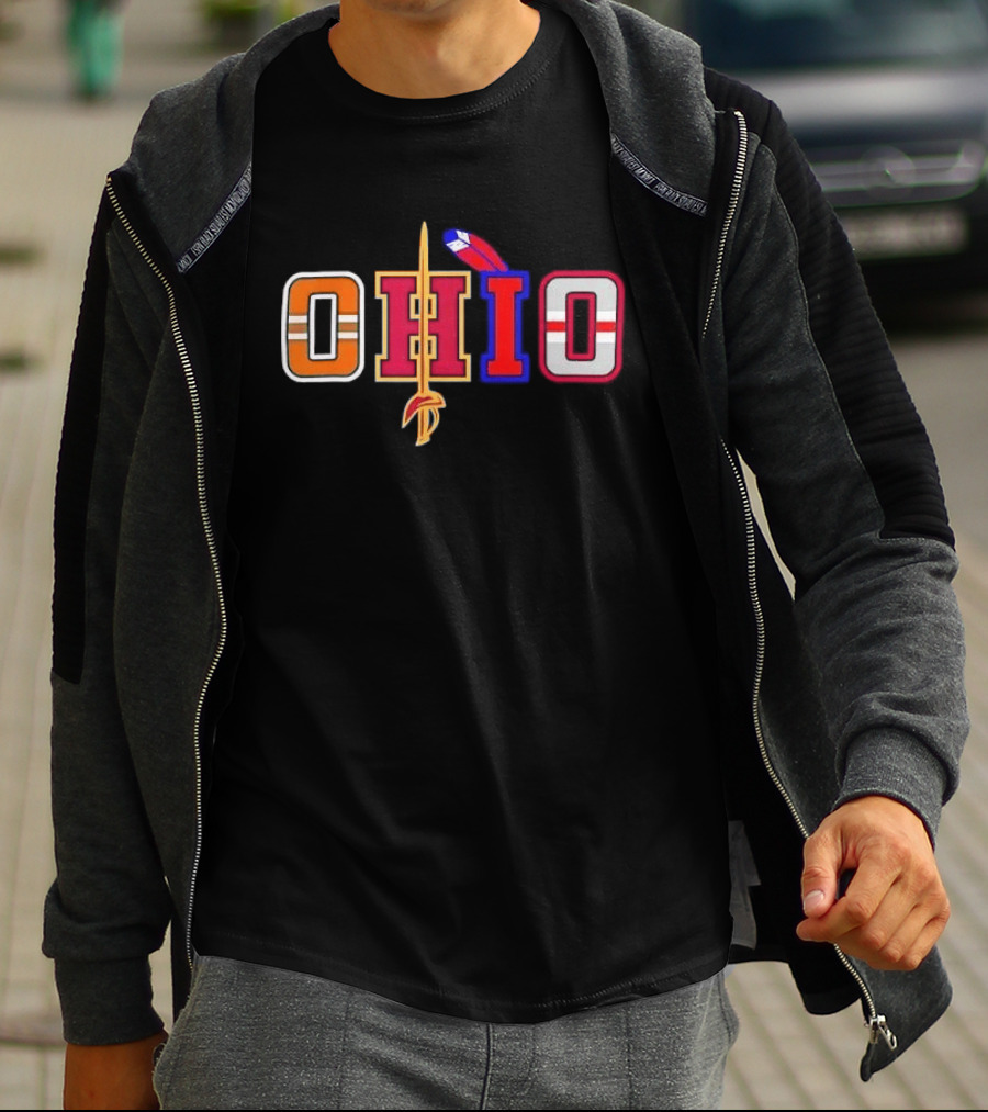 Ohio Cleveland Sports Letter Block Sword Feather T-Shirt