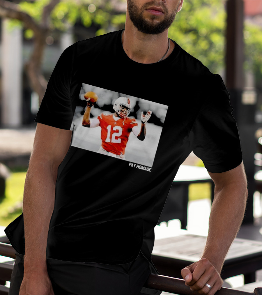 Ohio State Buckeyes Quarterback Number 12 Throwing Football Selective Color Pay Homage T-Shirt