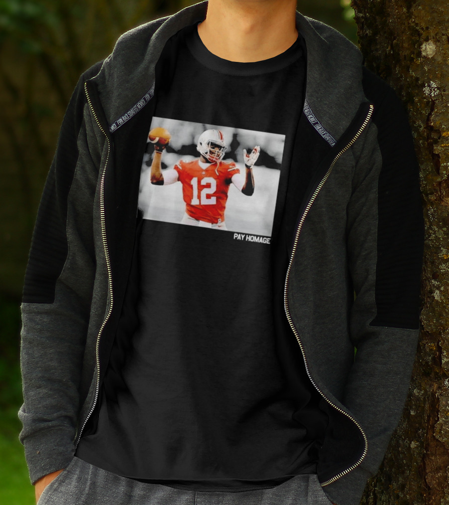 Ohio State Buckeyes Quarterback Number 12 Throwing Football Selective Color Pay Homage T-Shirt