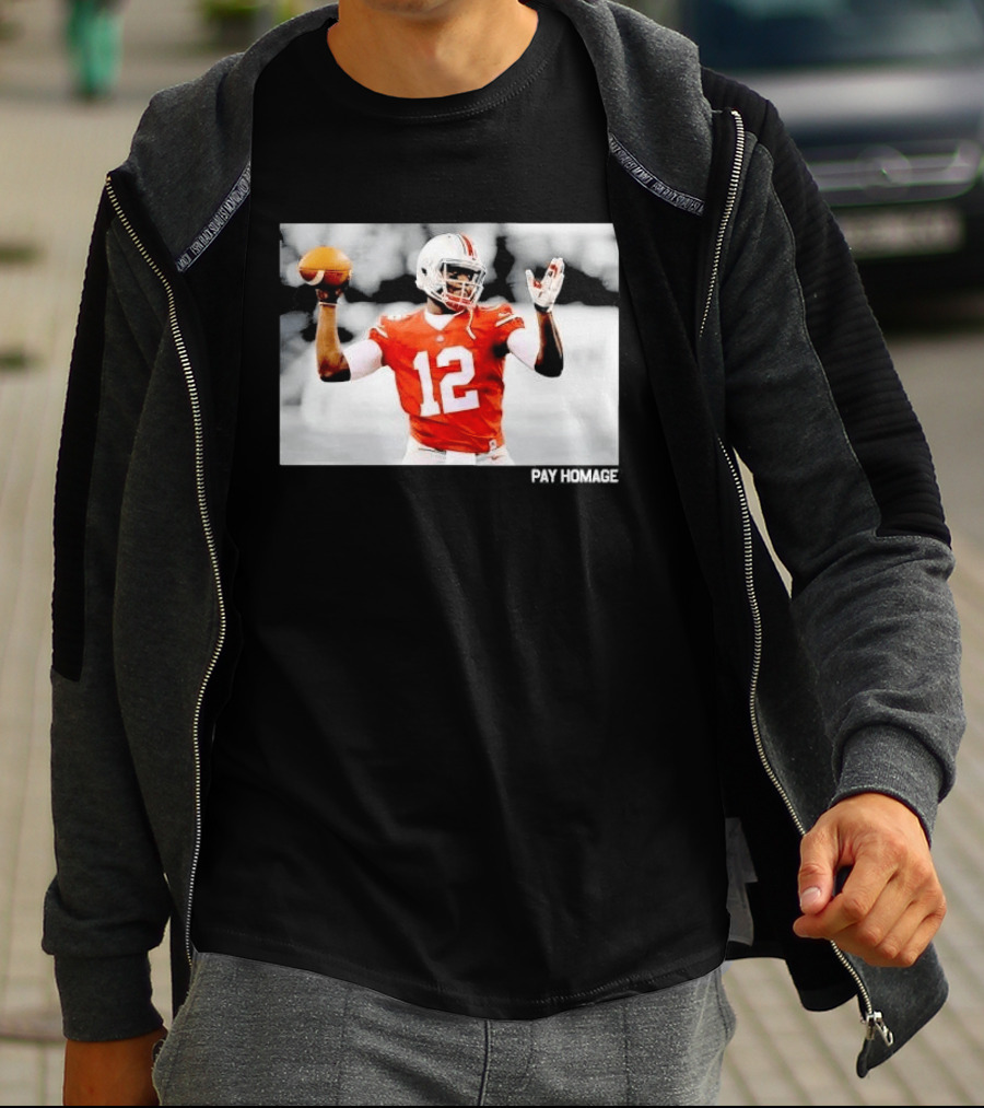 Ohio State Buckeyes Quarterback Number 12 Throwing Football Selective Color Pay Homage T-Shirt