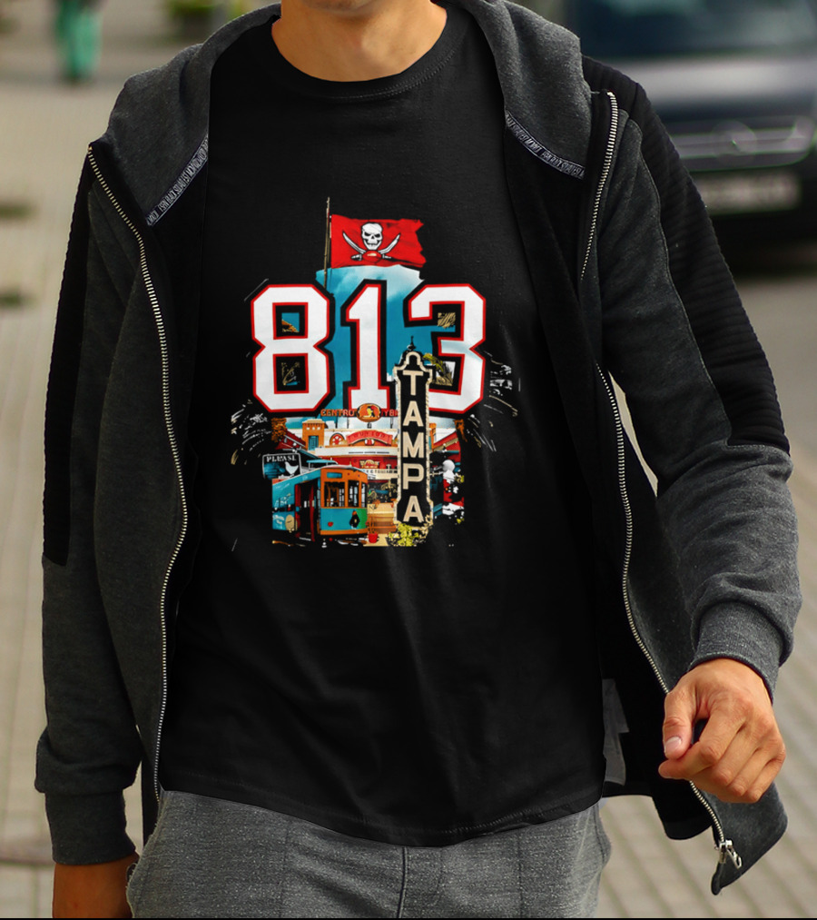 Tampa Bay Buccaneers 813 Day Celebration With Pirate Flag And Tampa Landmarks T-Shirt