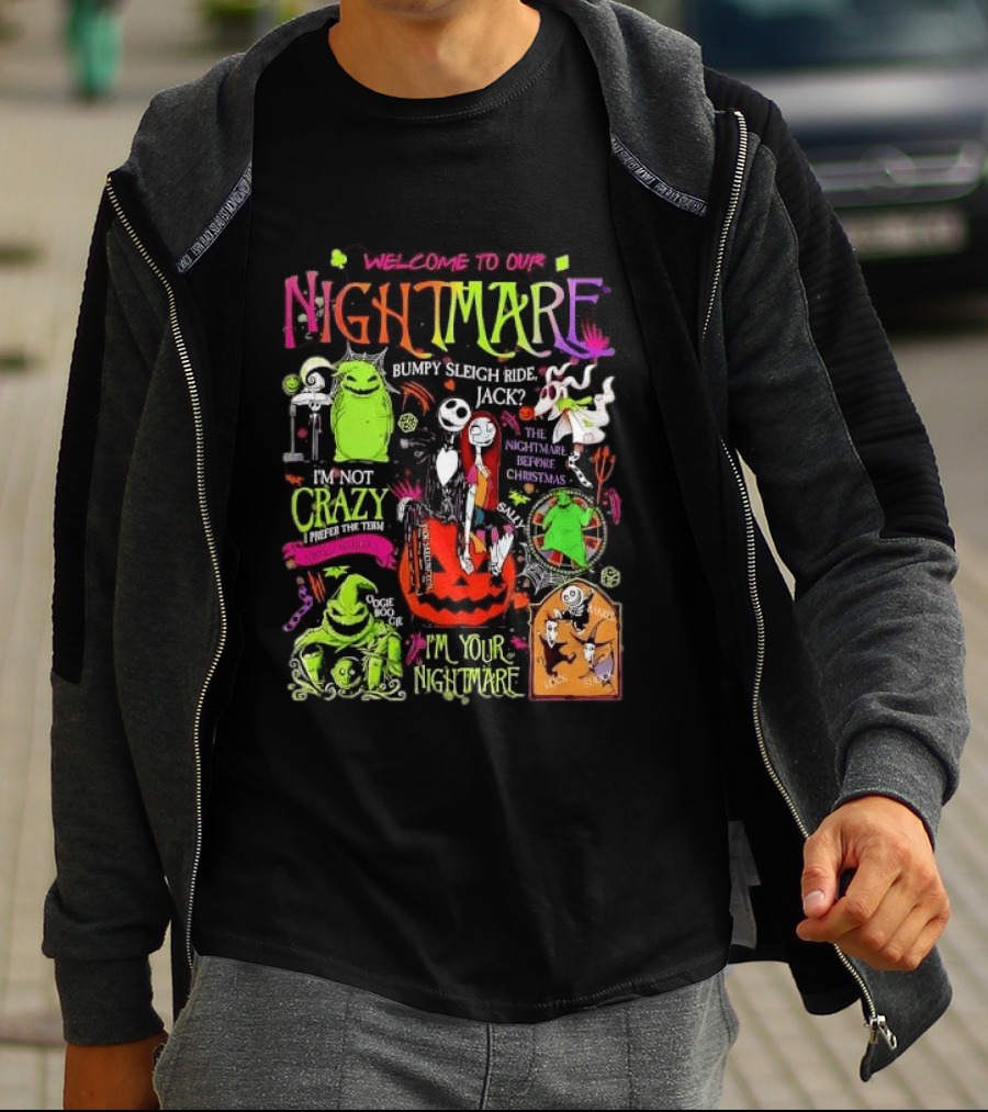 Welcome To Our Nightmare Bumpy Sleigh Ride Jack Oogie Boogie Nightmare Before Christmas Characters Pumpkin Collage T-Shirt