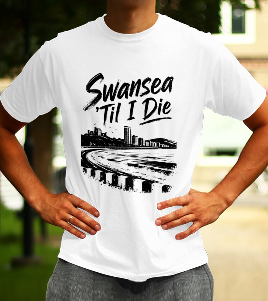 Swansea 'Til I Die Swansea Cityscape Coastal Skyline T-Shirt