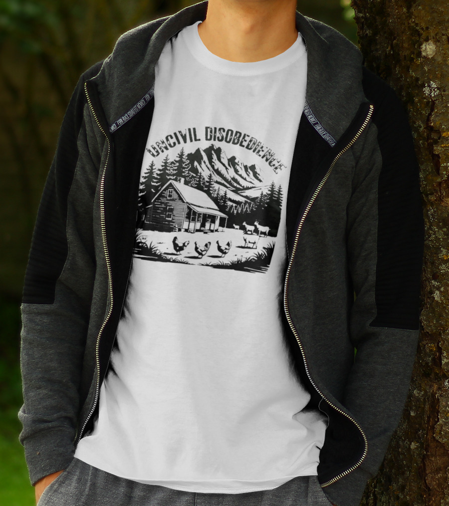 Uncivil Disobedience Distressed Mountain Cabin Homestead With Chickens And Goats T-Shirt