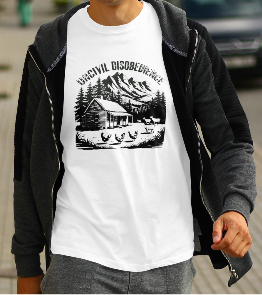 Uncivil Disobedience Distressed Mountain Cabin Homestead With Chickens And Goats T-Shirt