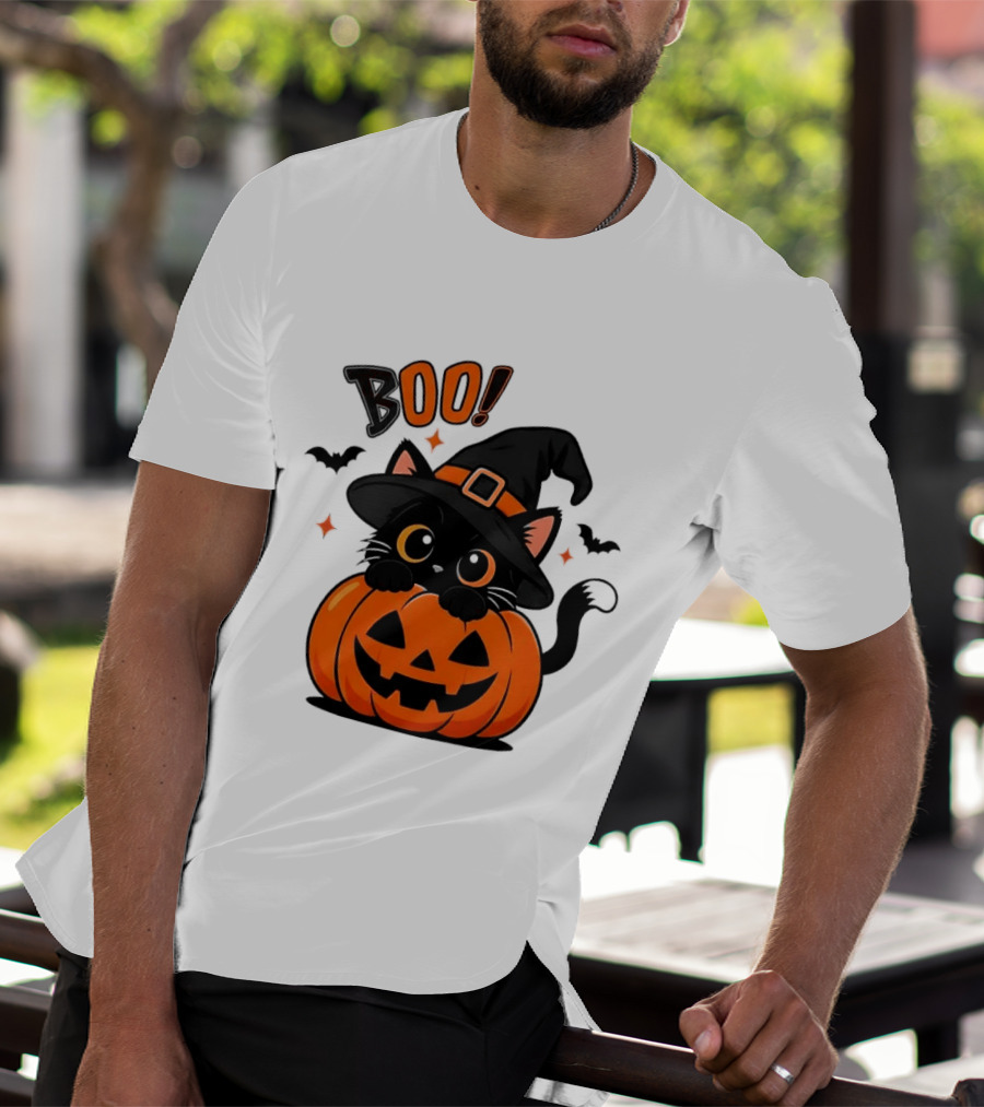 Boo Halloween Black Cat Witch Hat Jack O Lantern Pumpkin T-Shirt