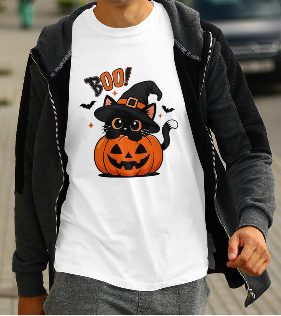 Boo Halloween Black Cat Witch Hat Jack O Lantern Pumpkin T-Shirt