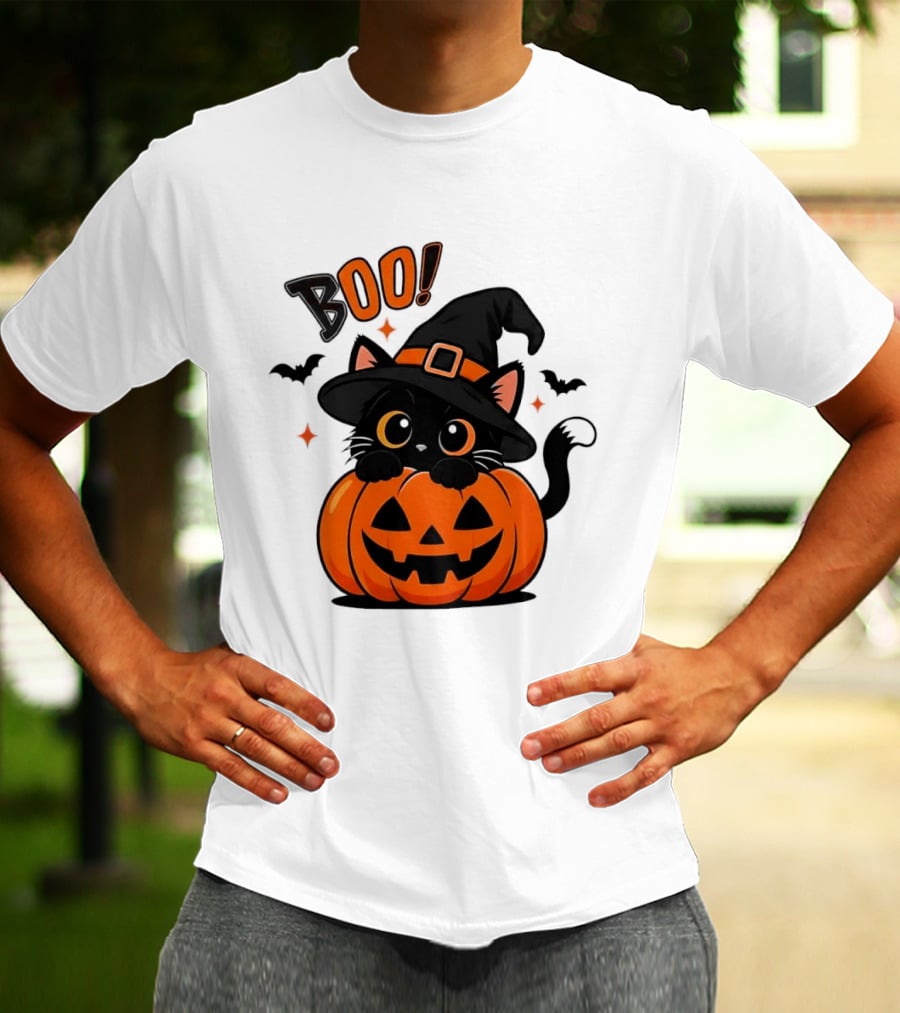 Boo Halloween Black Cat Witch Hat Jack O Lantern Pumpkin T-Shirt
