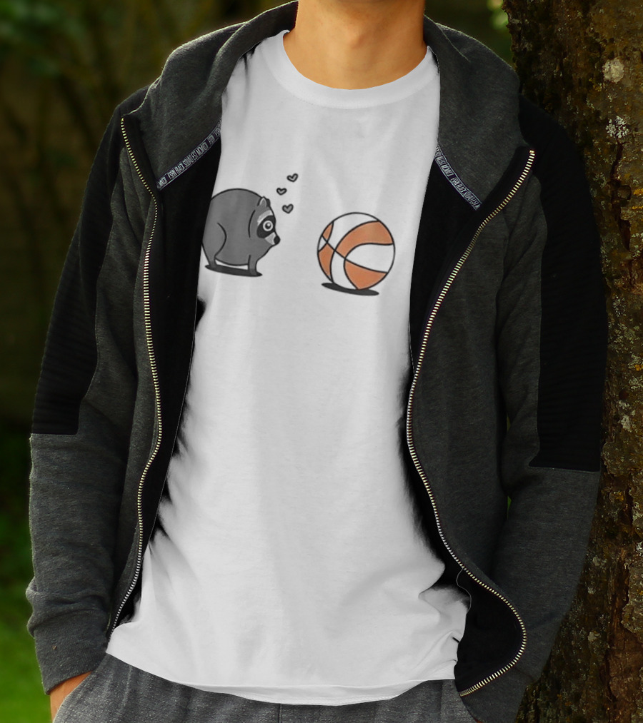 Chubby Cartoon Raccoon Admiring Basketball With Pink Hearts T-Shirt