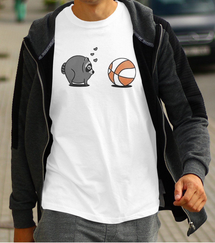 Chubby Cartoon Raccoon Admiring Basketball With Pink Hearts T-Shirt