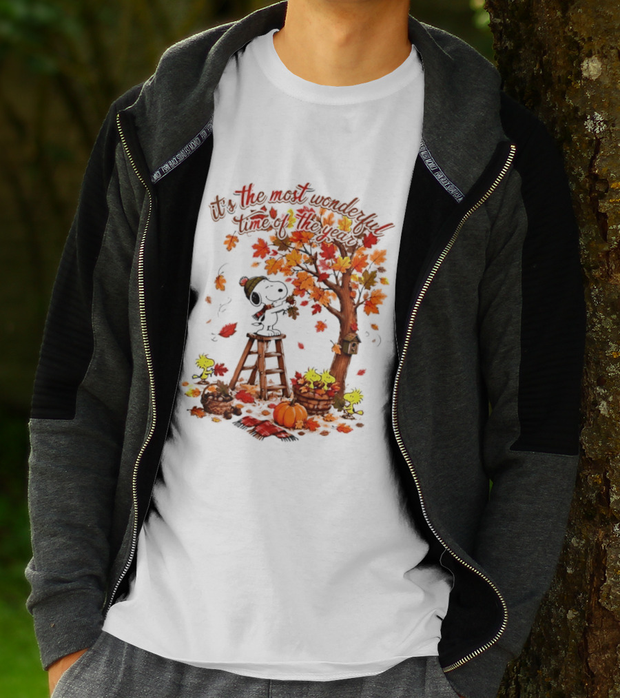 Snoopy It's The Most Wonderful Time Of The Year Autumn Tree Pumpkin Woodstock T-Shirt