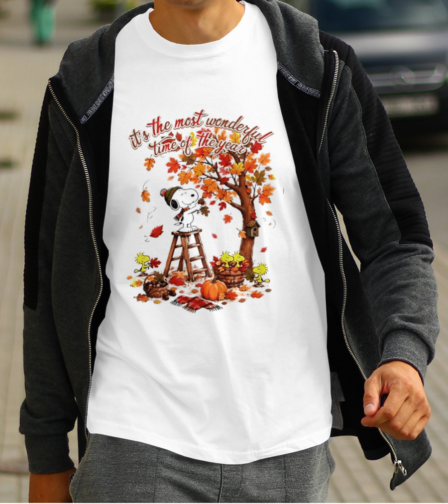 Snoopy It's The Most Wonderful Time Of The Year Autumn Tree Pumpkin Woodstock T-Shirt