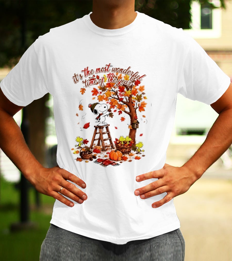 Snoopy It's The Most Wonderful Time Of The Year Autumn Tree Pumpkin Woodstock T-Shirt