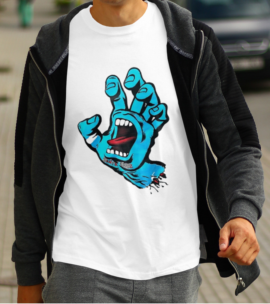 Santa Cruz Blue Screaming Hand Open Mouth Tongue Cartoon T-Shirt