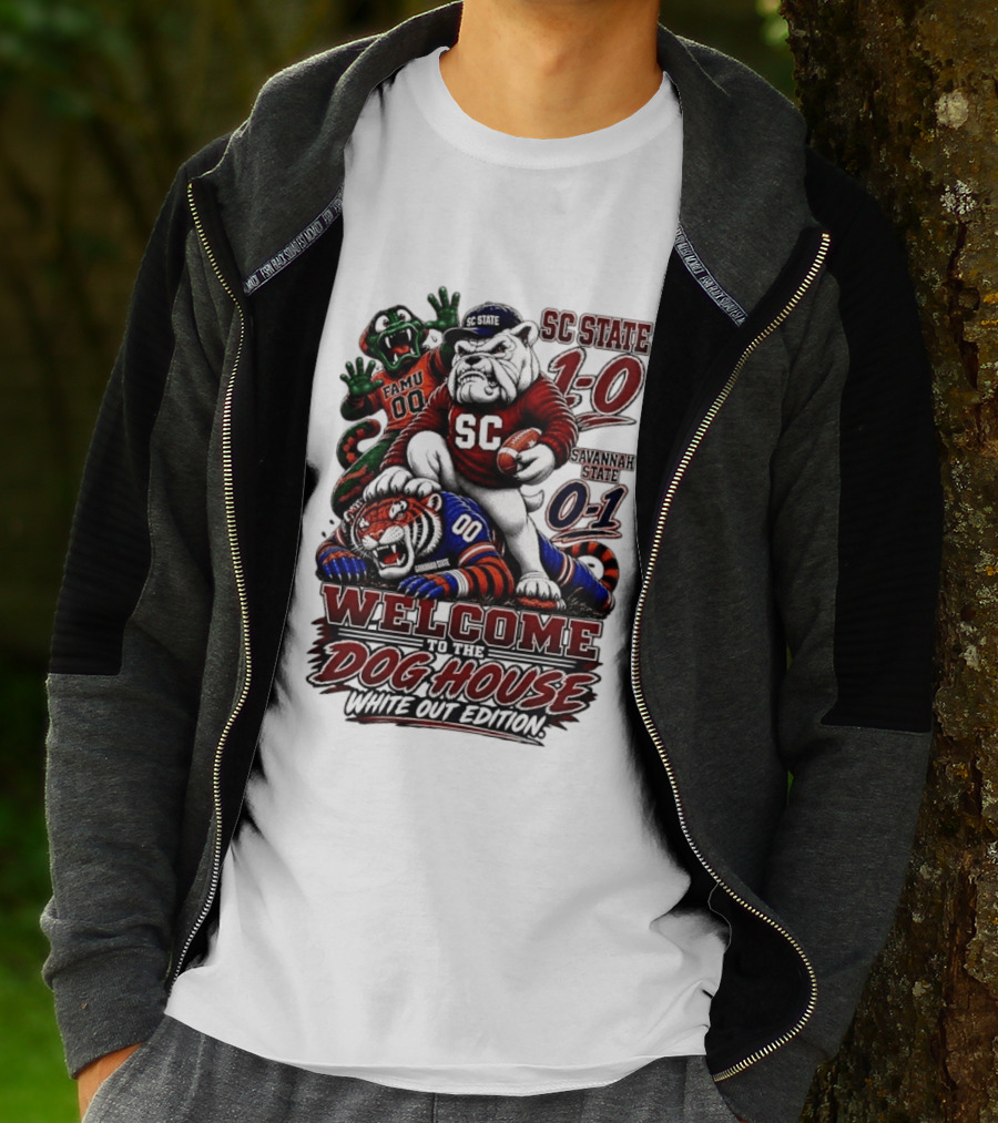 South Carolina State Bulldogs 1 0 Welcome To The Dog House White Out Edition Cartoon Tackling Tiger Savannah State 0 1 FAMU 00 T-Shirt