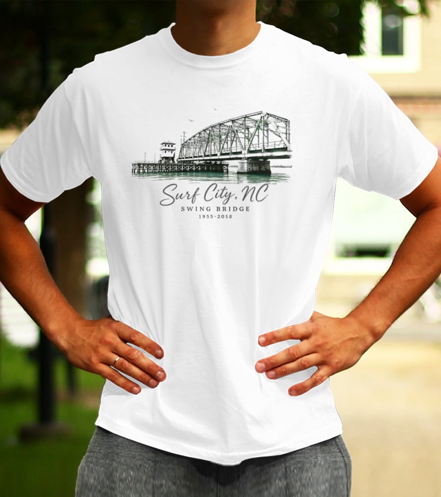 Surf City NC Swing Bridge 1955 2018 Water Birds Coastal Pier Green Watercolor T-Shirt