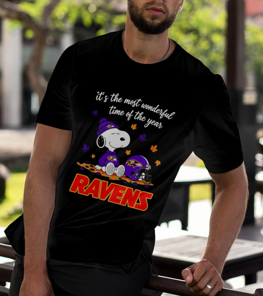 Baltimore Ravens It's The Most Wonderful Time Of Year Snoopy Sitting Leaves Football Helmet T-Shirt